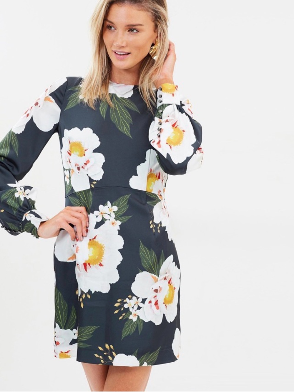 Cooper St Navy Floral Long-Sleeve Mini Dress with White Blooms